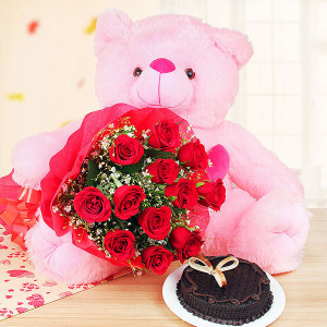 2 Feet Teddy and 12 Red Roses Bunch with Half Kg Truffle Chocolate Cake