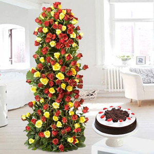 Love Forever 10 Red Yellow Roses with 500gm Black Forest Cake