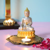 Silver Meditating Buddha With Decorative Wooden Base And T Light