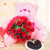 2 Feet Teddy and 12 Red Roses Bunch with Half Kg Truffle Chocolate Cake