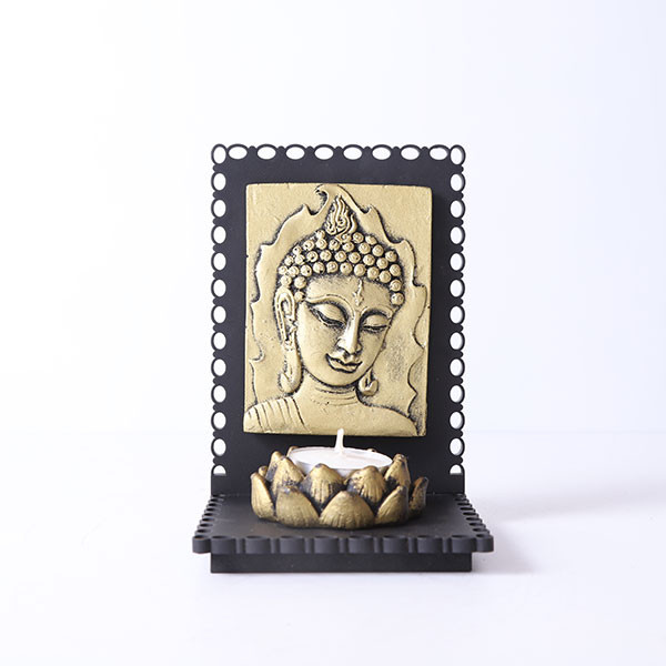 Lord Buddha Idol With Wooden Base And T Light Holder