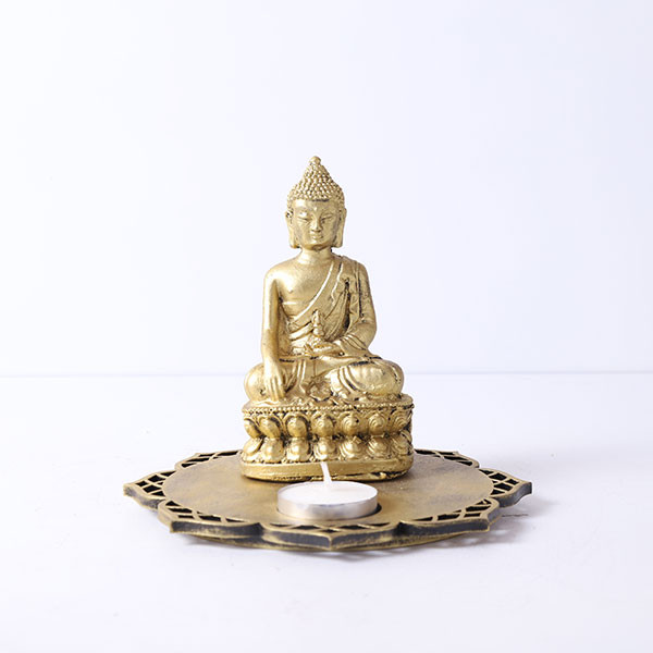 Golden Meditating Buddha With Designer Wooden Base And T Light