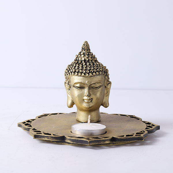 Buddha Head Idol With Decorative Wooden Base And T Light