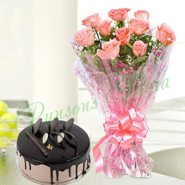 10 Pink Roses n Chocolate Cake Combo