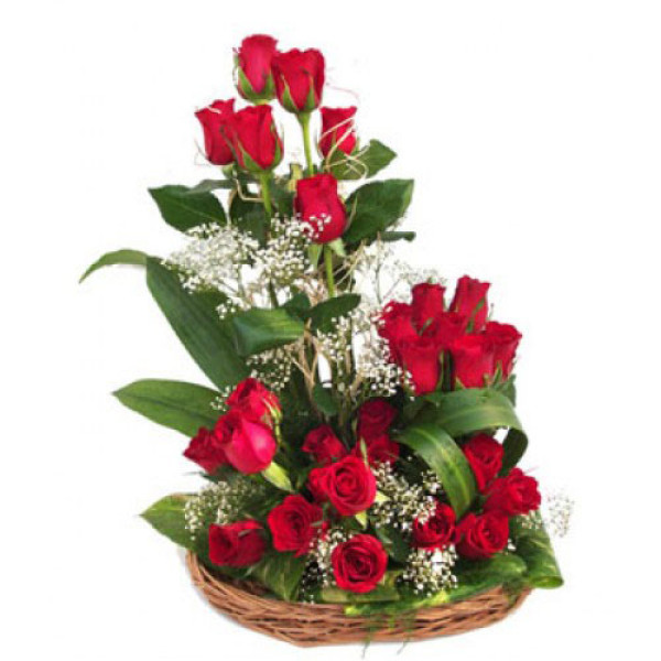 24 Red Roses In Around Basket