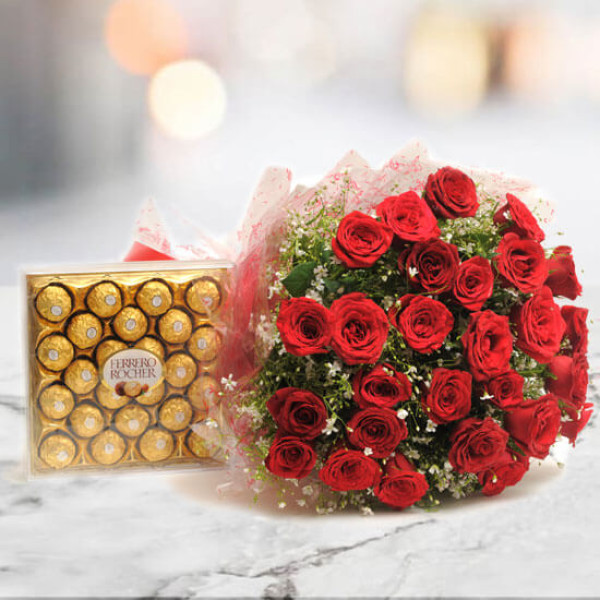 Yummy N Rosy - 30 Red Roses with 24 pc Ferror Rocher