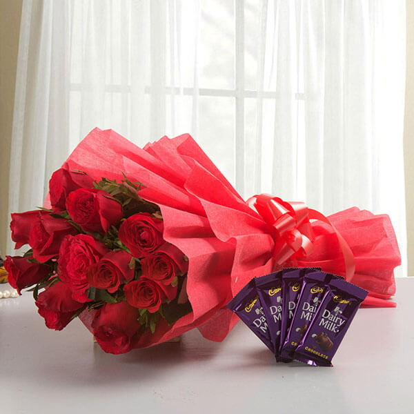 Rosy N Sweet - 12 Red Roses with 5 Chocolates