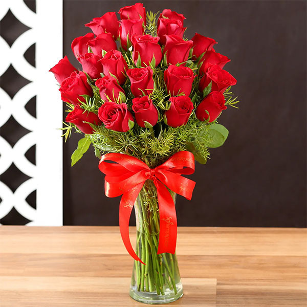 24 Red Roses In Glass Vase