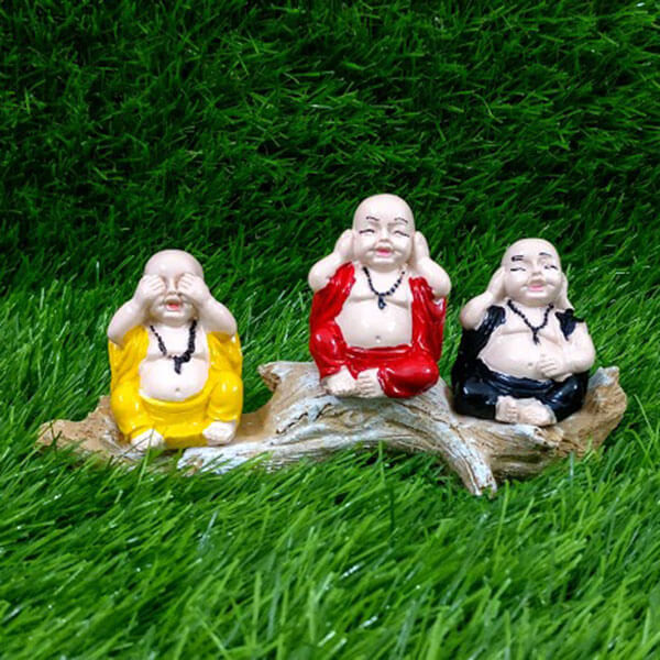 Set of 3 Buddha Monks Sitting on Wooden Log